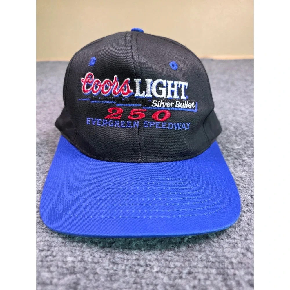Vintage 90s Coors Light 250 Evergreen‎ Speedway Snapback Hat OSFA TC Black Blue